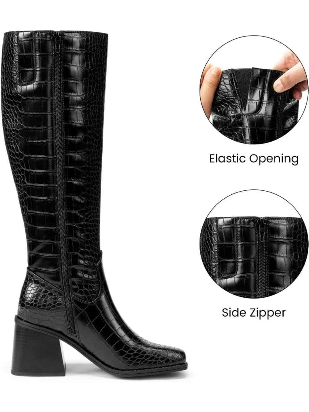 Women's Black Croco Chunky Block Heel Square Toe Side Zipper Knee High Boots